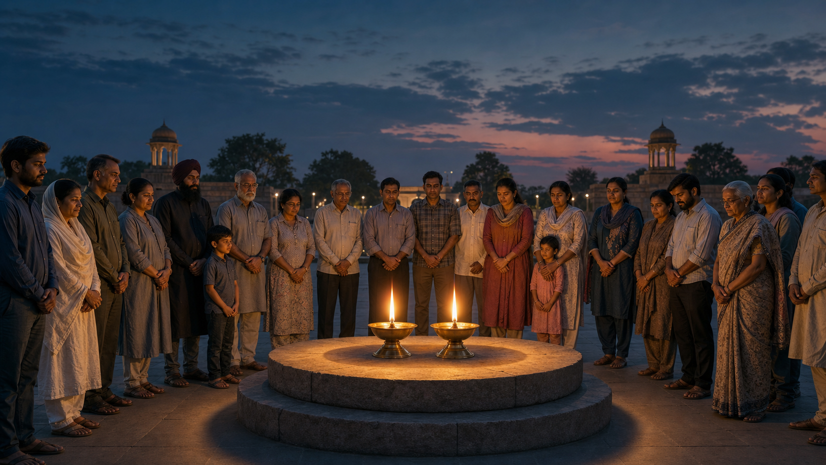 A diverse group of Indian citizens stands around two equally bright oil lamps on a balanced stone platform in a memorial courtyard at dusk.