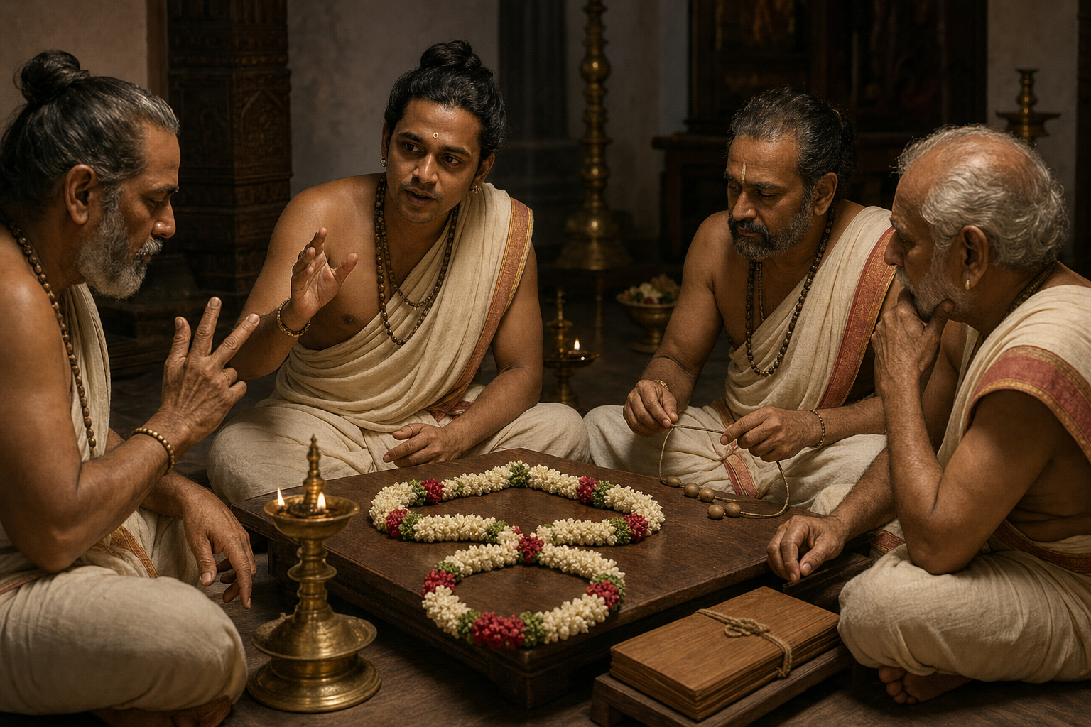 Three court scholars analyze a poet's recitation using rhythm-counting gestures beside a deliberately asymmetrical flower garland and a closed palm-leaf bundle.