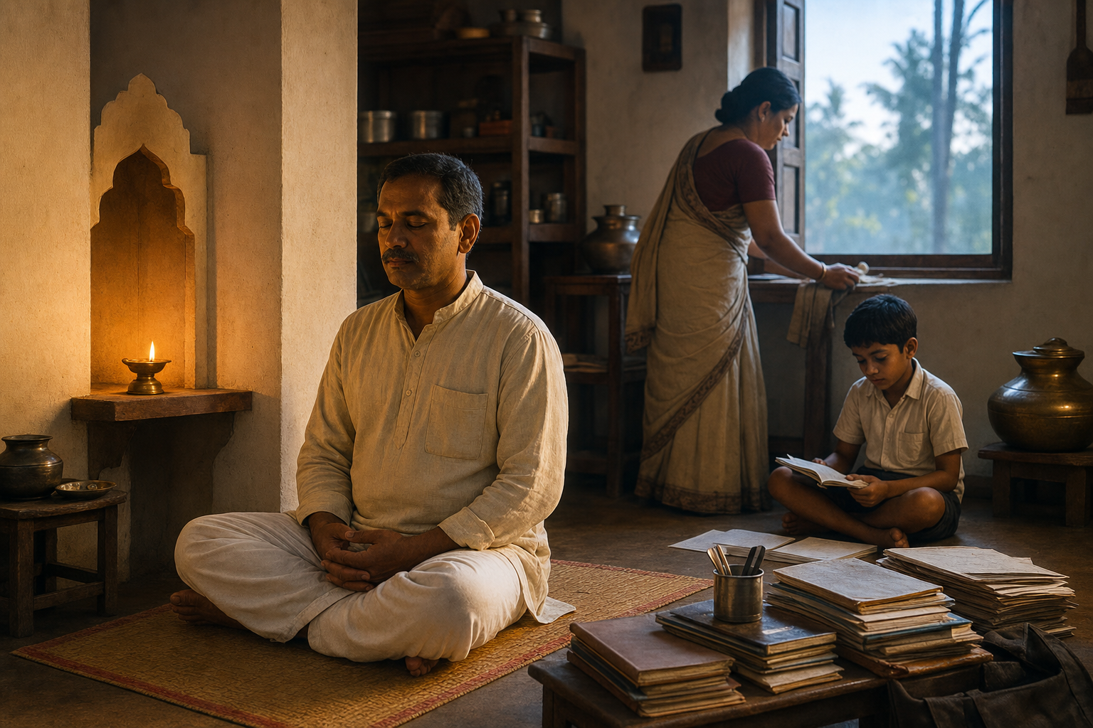 A schoolteacher and family man meditates at dawn in a modest South Indian home while his spouse, child, teaching materials and household objects remain nearby.