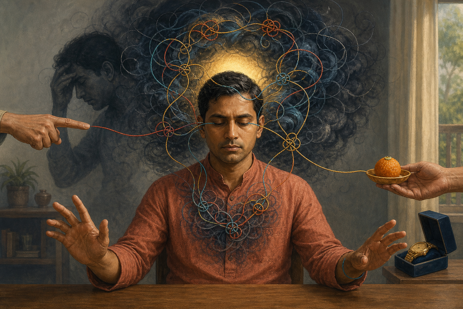 An observing householder is surrounded by criticism, temptation, fatigue, and anxiety as colored threads from the senses form knots around a turbulent mind.