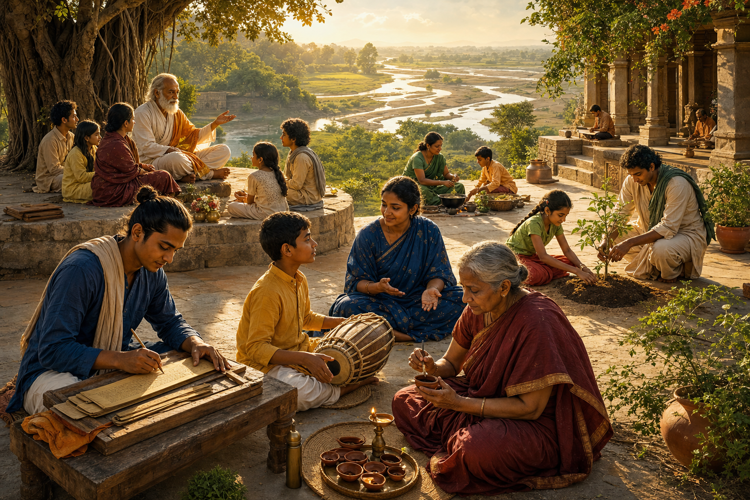 People of different ages preserve knowledge and care by tending a sapling, repairing a lamp, preparing food, making music, and studying together in a riverside courtyard.