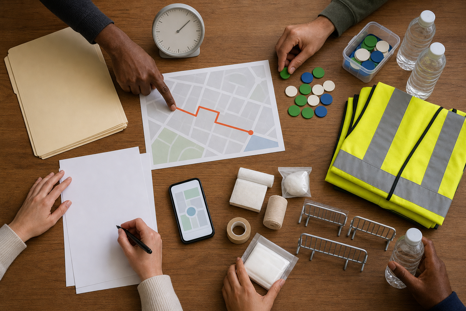 Organizers arrange blank permit materials, an unlabeled route plan and crowd-safety supplies on a planning table.
