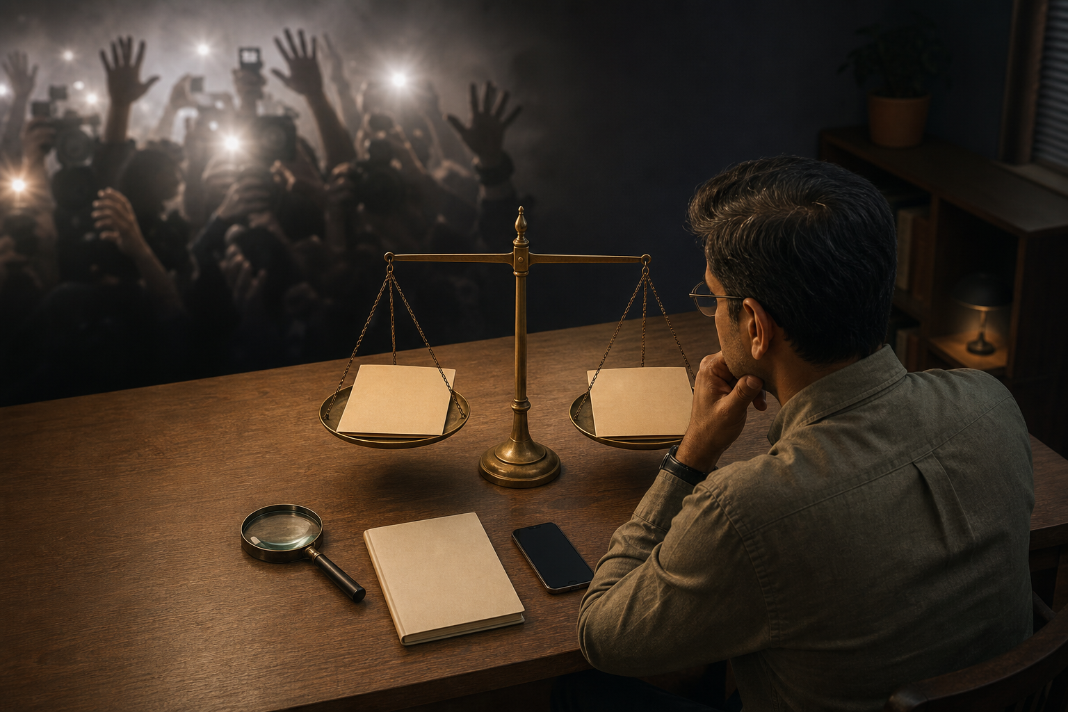 A person compares two unmarked folders on a level brass balance while one side attracts many camera flashes and the other receives little attention.
