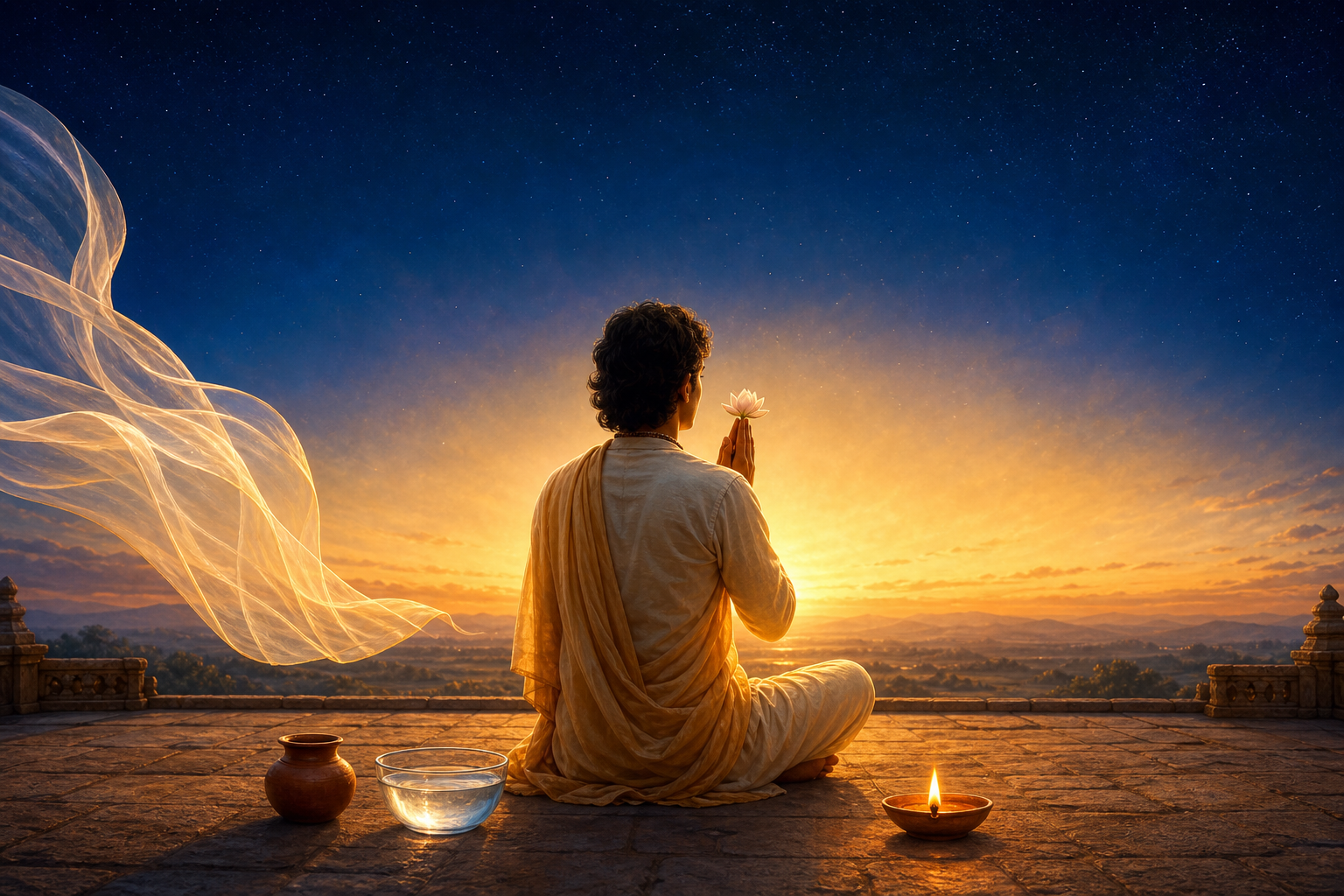 A seated practitioner turns from carefully arranged representations of earth, water, fire, air, and space toward a warm divine radiance with folded hands and a flower offering.