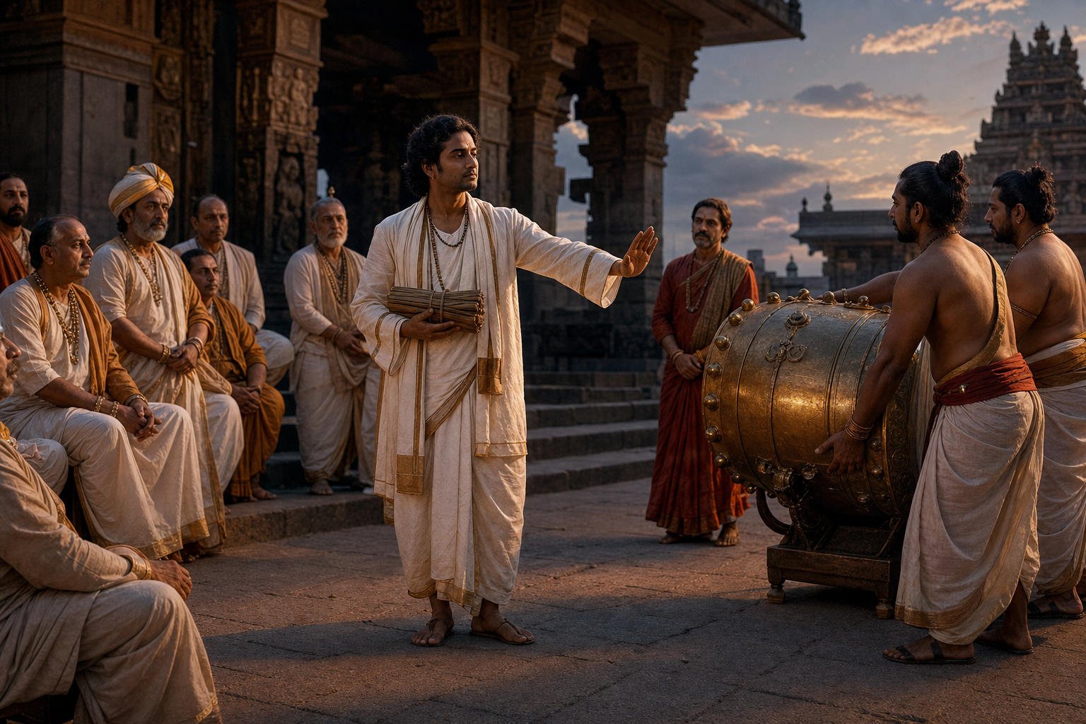 A victorious poet calmly declines a ceremonial bronze drum offered by attendants as scholars and courtiers watch in a Vijayanagara courtyard.