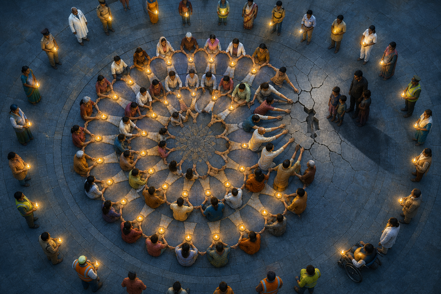 An overhead view shows citizens forming a glowing circular pattern while a neglected family stands beside a gap from which cracks spread across the plaza.