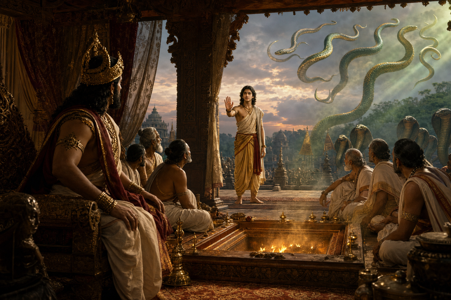 The young sage Astika raises his hand before King Janamejaya and priests as the sacrificial fire subsides and serpents turn away to safety.