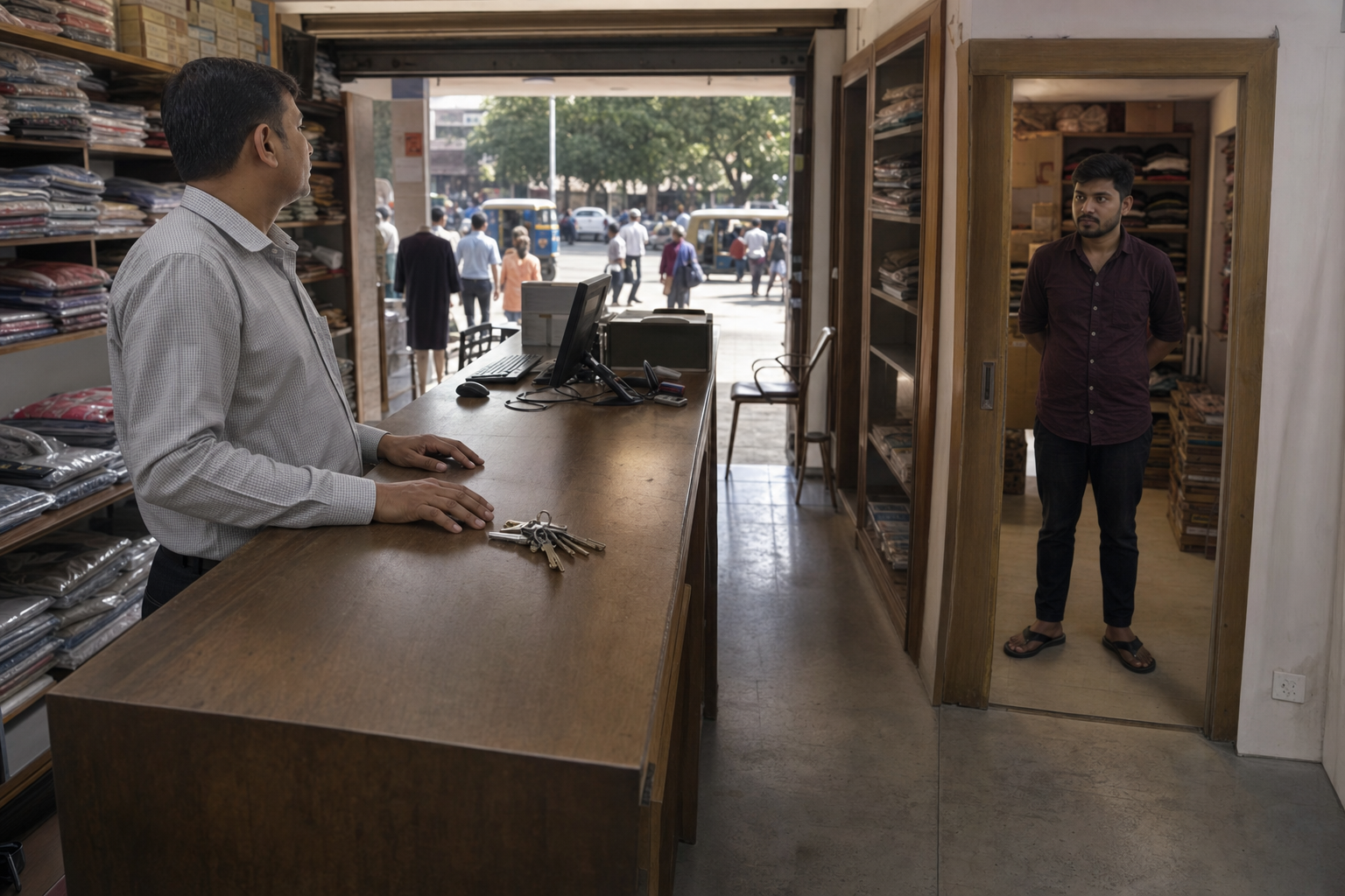 Illustration of a proprietor at a shop counter and an adult worker near a secluded storeroom, showing unequal control over space and access.