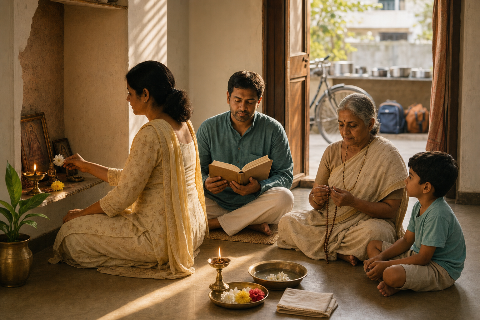 A multigenerational family prays, reads, and uses prayer beads at a small home shrine while morning light enters a modest room.