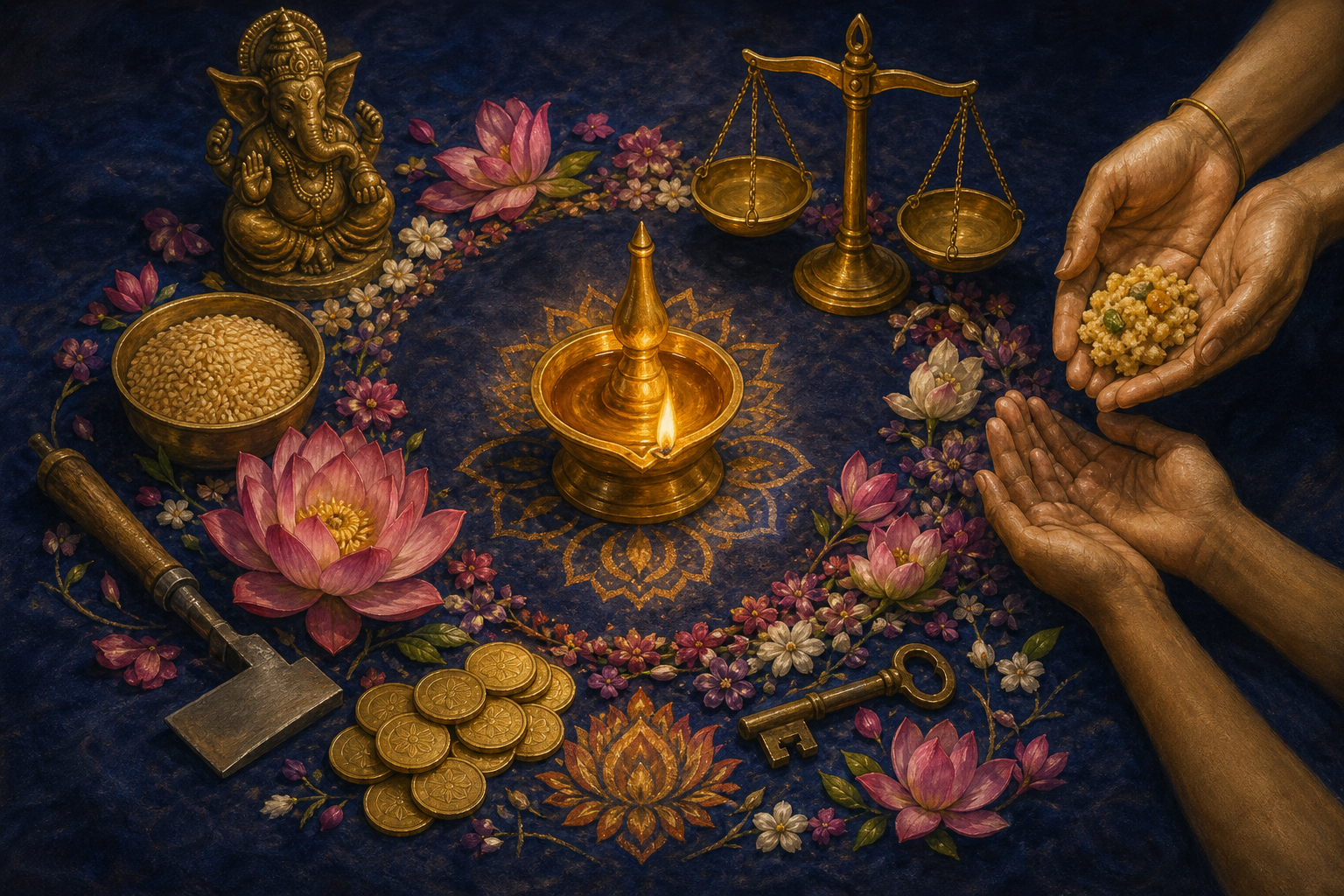 A lamp, lotus, scales, coins, household objects, and hands sharing food form a circular still life around a small Ganesha sculpture.