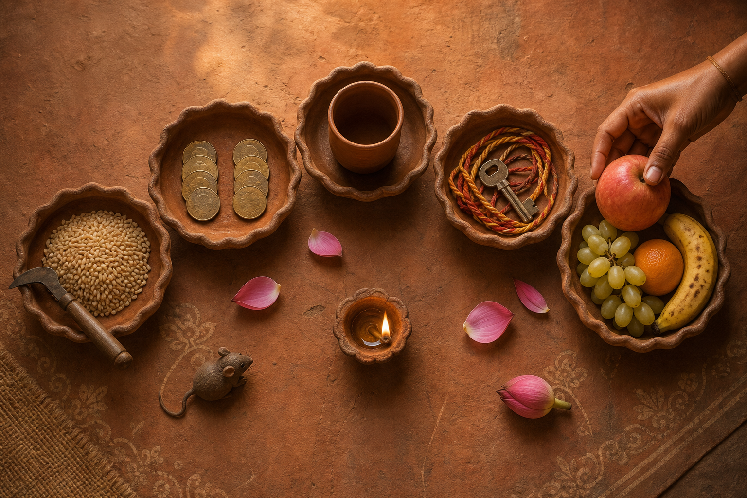 Five offering bowls contain grain and a tool, balanced coins, a clay cup, threads with a key, and fruit offered by an open hand.