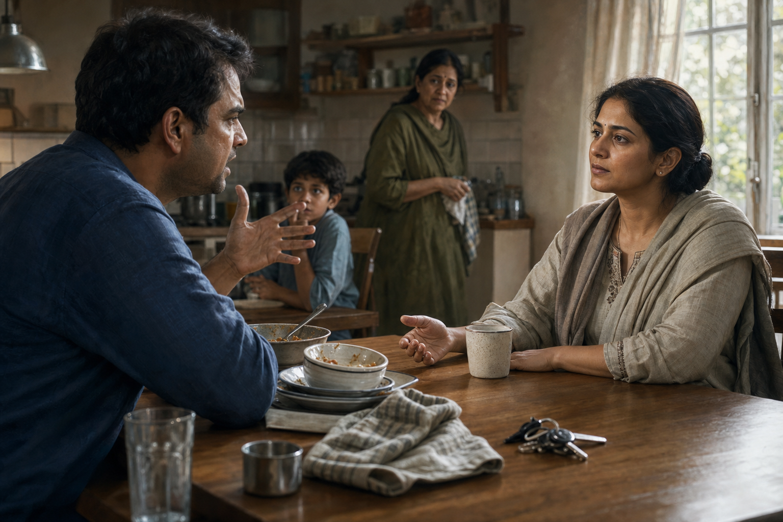 At a kitchen table, one family member gestures tensely while another pauses and listens calmly before responding.