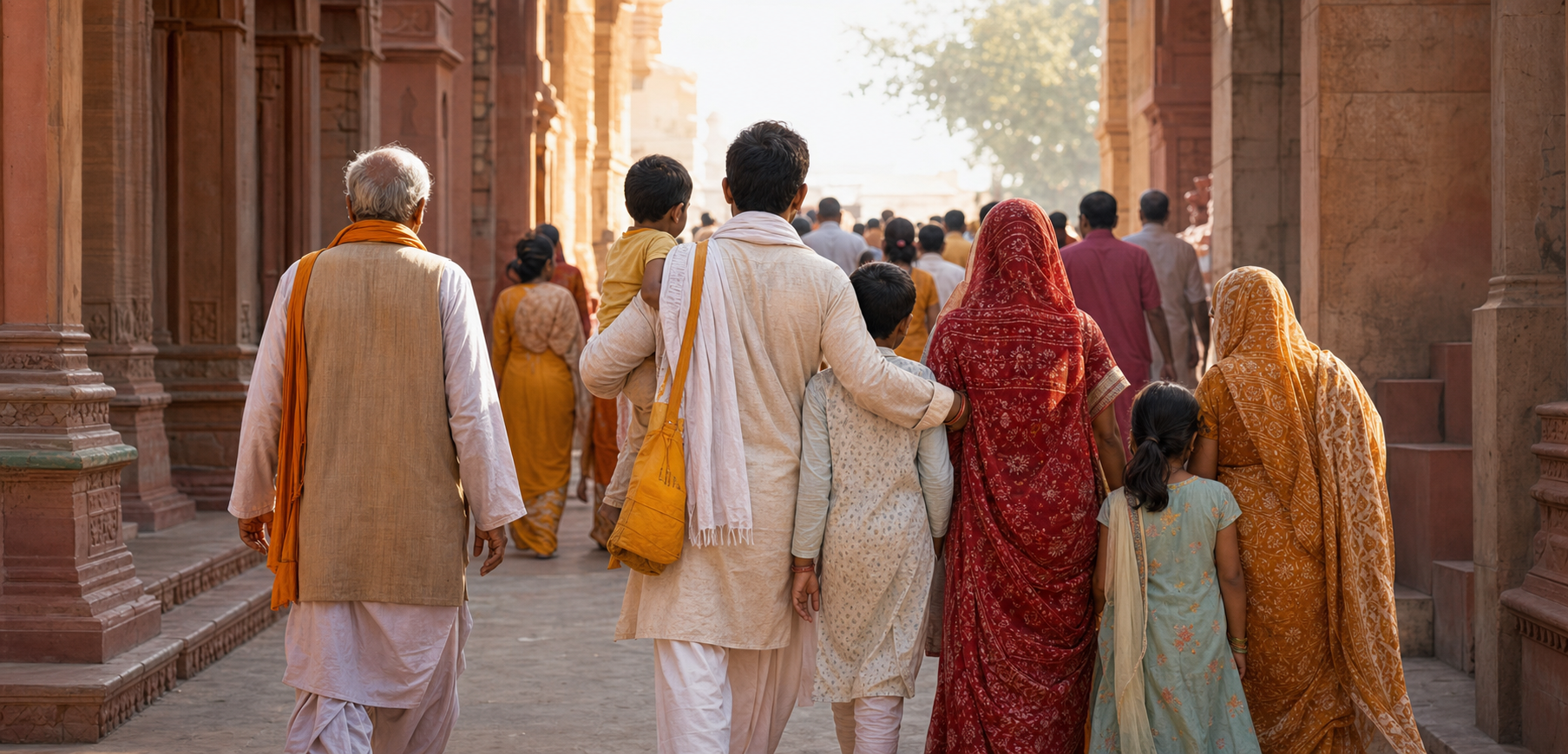 A multigenerational group of devotees walks forward through a sunlit temple lane while the entrance and crowd recede behind them.