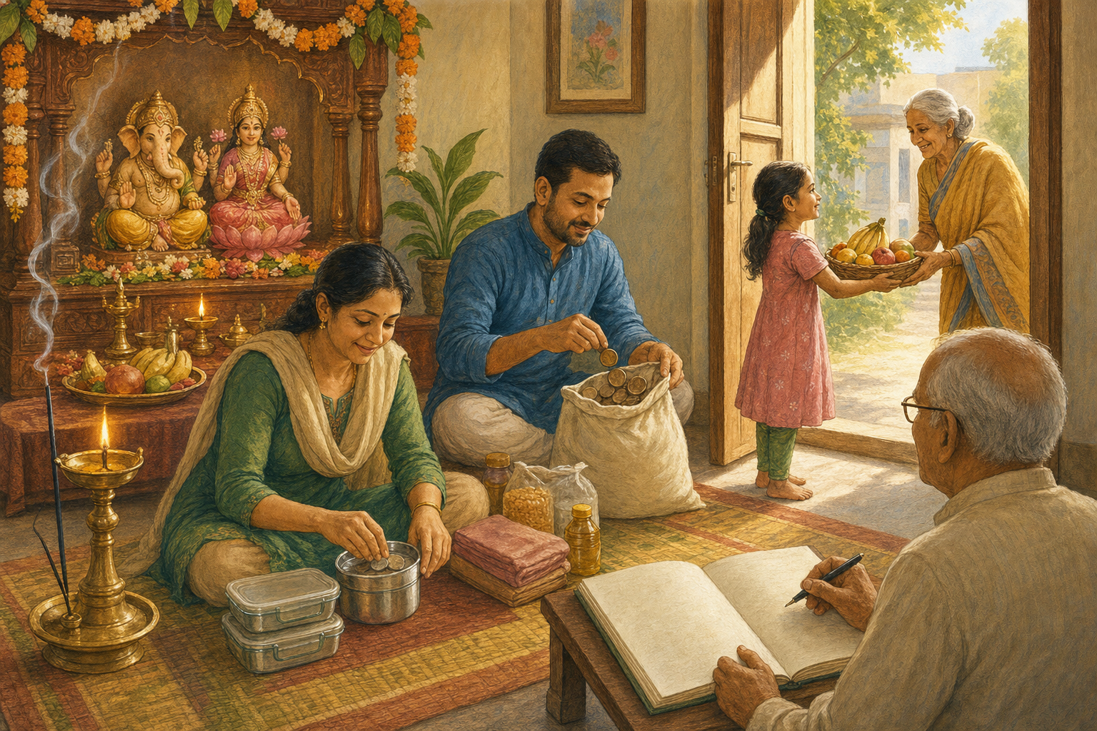 A family packs food and supplies, prepares a donation, and gives fruit to an elderly neighbor after worship at a home shrine.