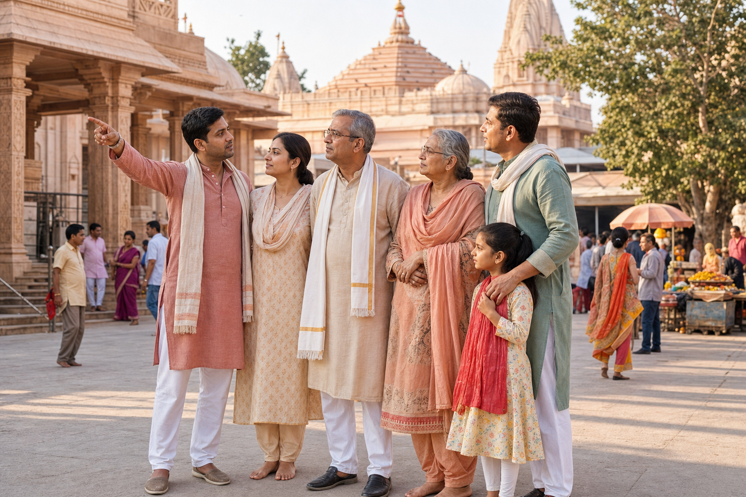 A family pauses before entering a temple precinct to organize companions and keep an older relative and child close.