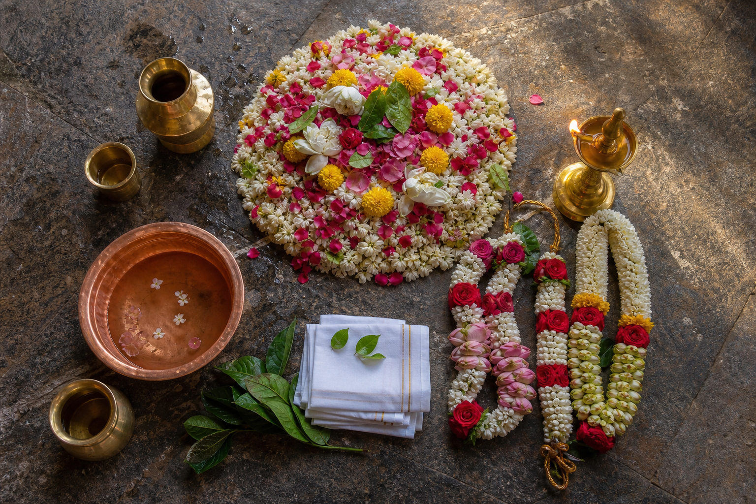 Flowers, brass cleansing vessels, folded cloths, paired garlands, and an oil lamp are arranged on a granite temple floor.