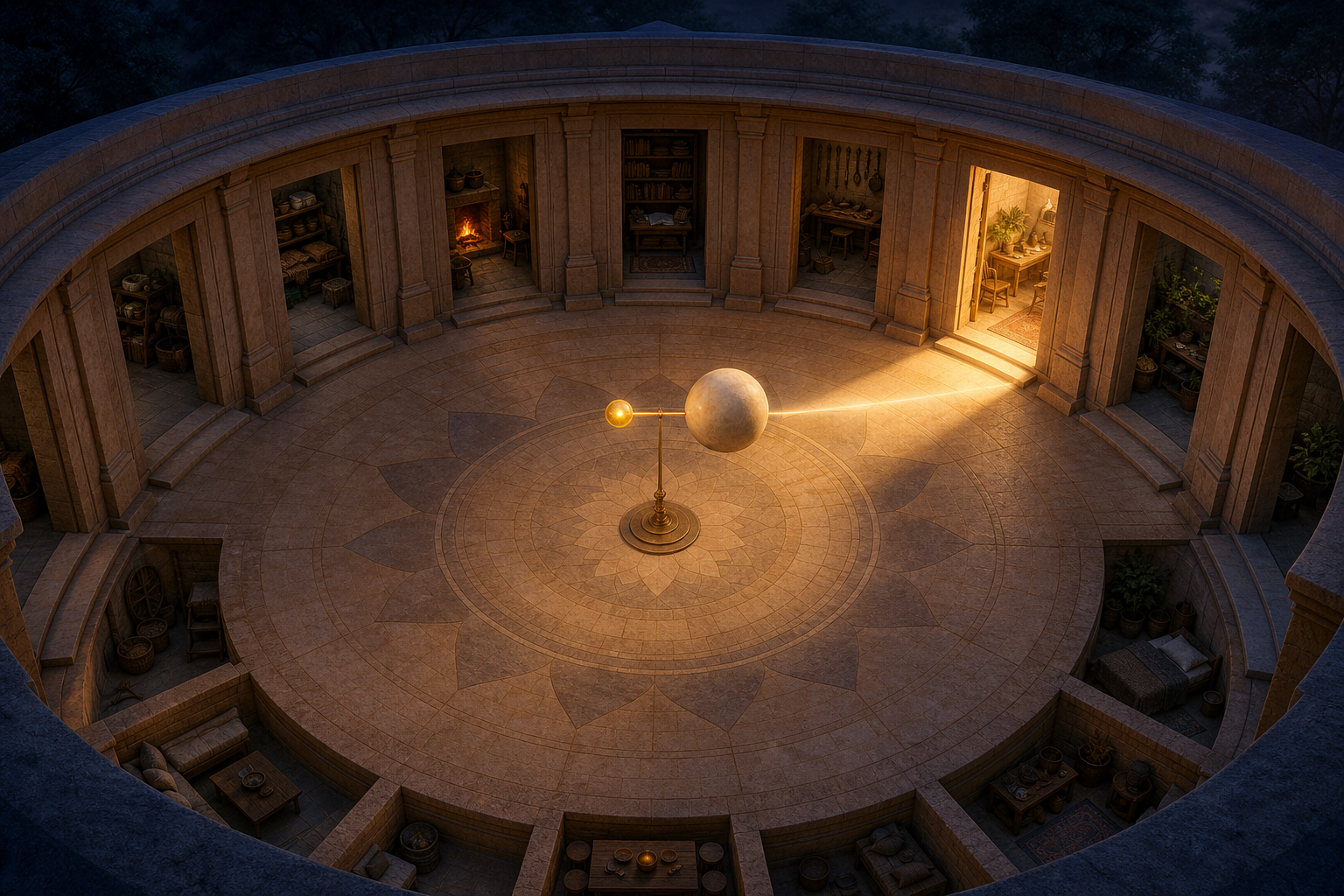 Twelve doorways surround a circular courtyard, with light from two aligned brass spheres illuminating one chamber.