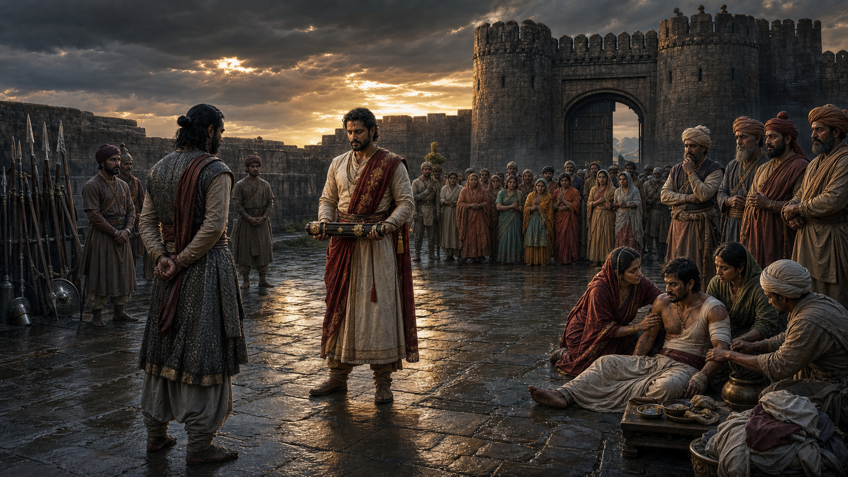 A ruler considers a guarded captive, injured defenders, grieving relatives, and waiting townspeople in a fort courtyard after a conflict.