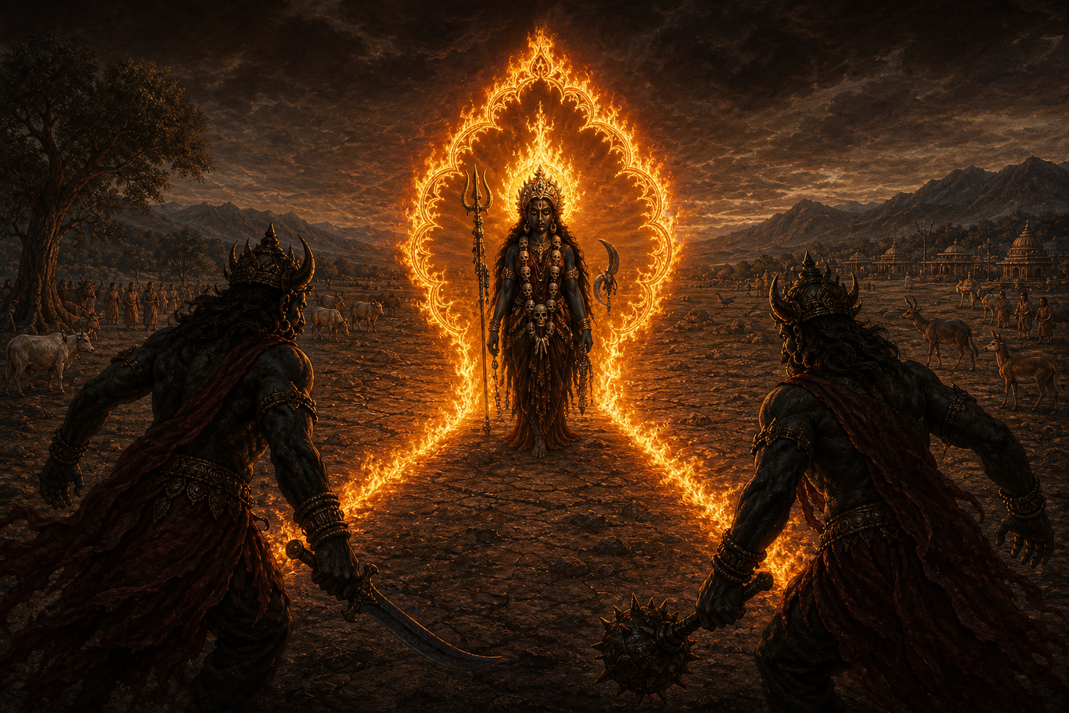 Chamunda faces two shadowed warriors as her contained golden flames illuminate the aggressors while leaving the surrounding landscape unharmed.