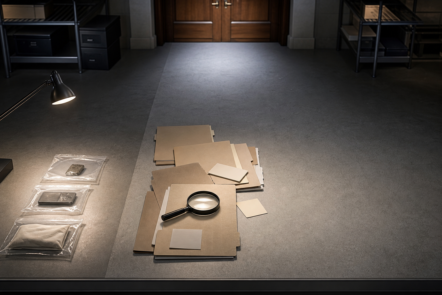 A divided investigation table shows sealed evidence, files under a magnifying lens, and an empty area leading toward a closed courtroom door.