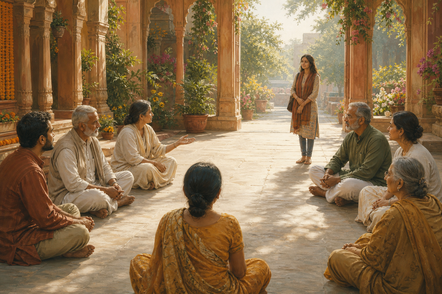 People sit in a spacious circle in a temple courtyard while another person stands freely near an open archway.