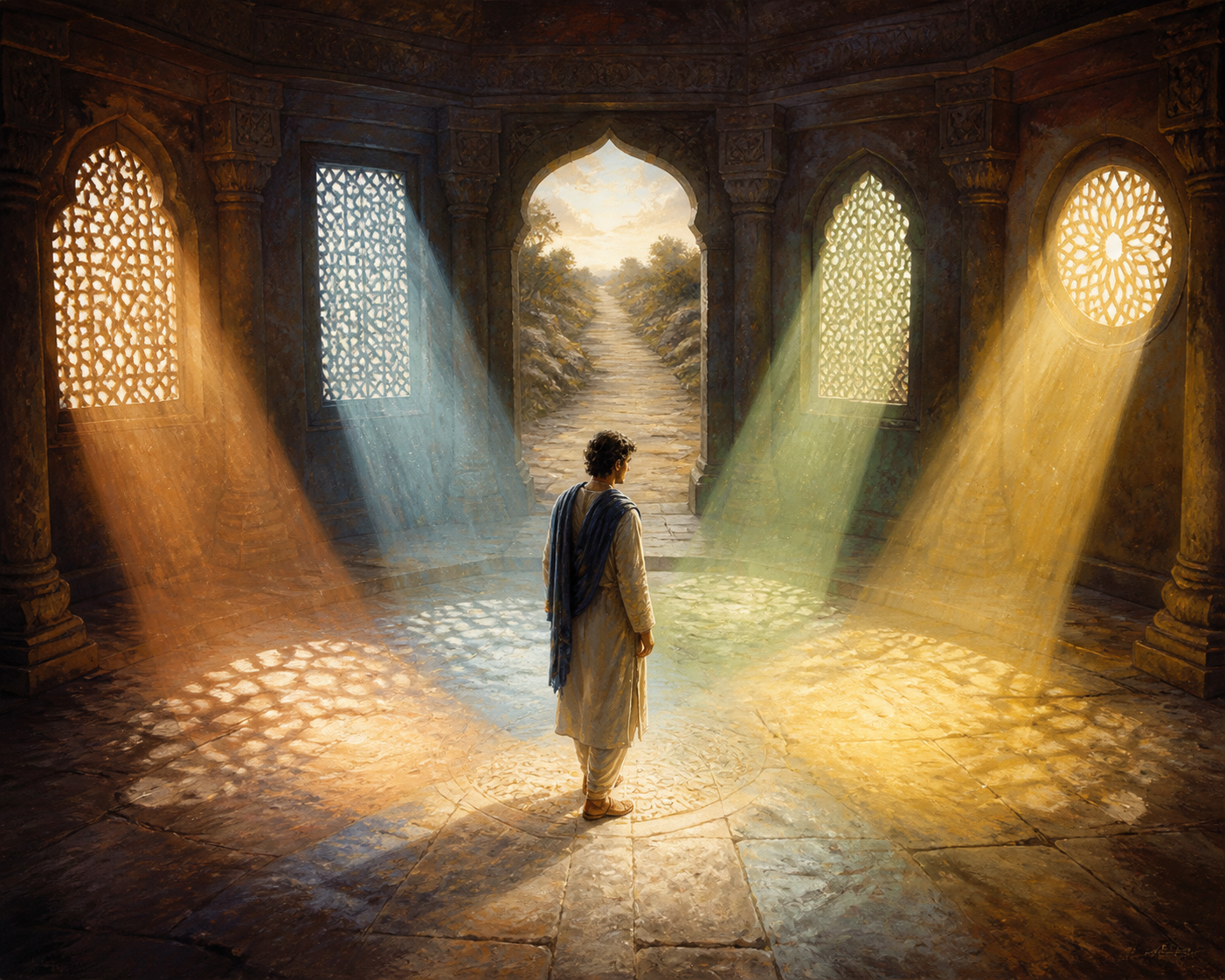 A person pauses in a stone pavilion while four differently colored beams of light from lattice openings overlap across one path.