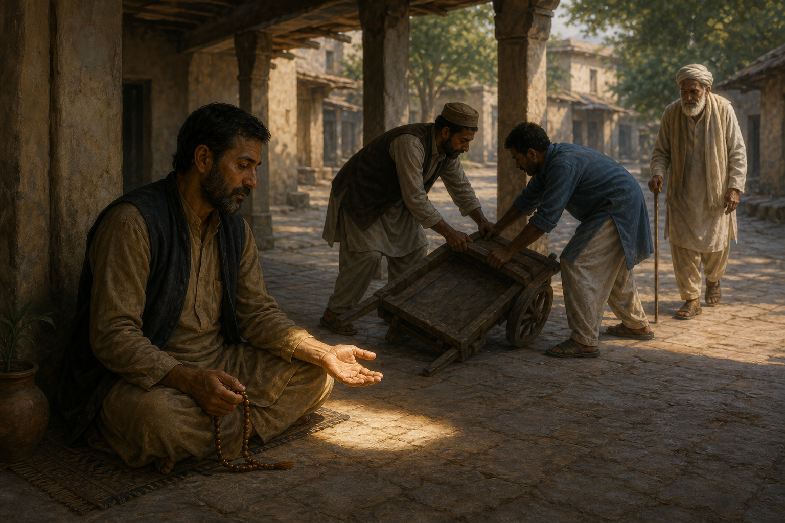 A seated person holding prayer beads watches as two neighbors struggle to lift an overturned handcart from an elderly person's path.