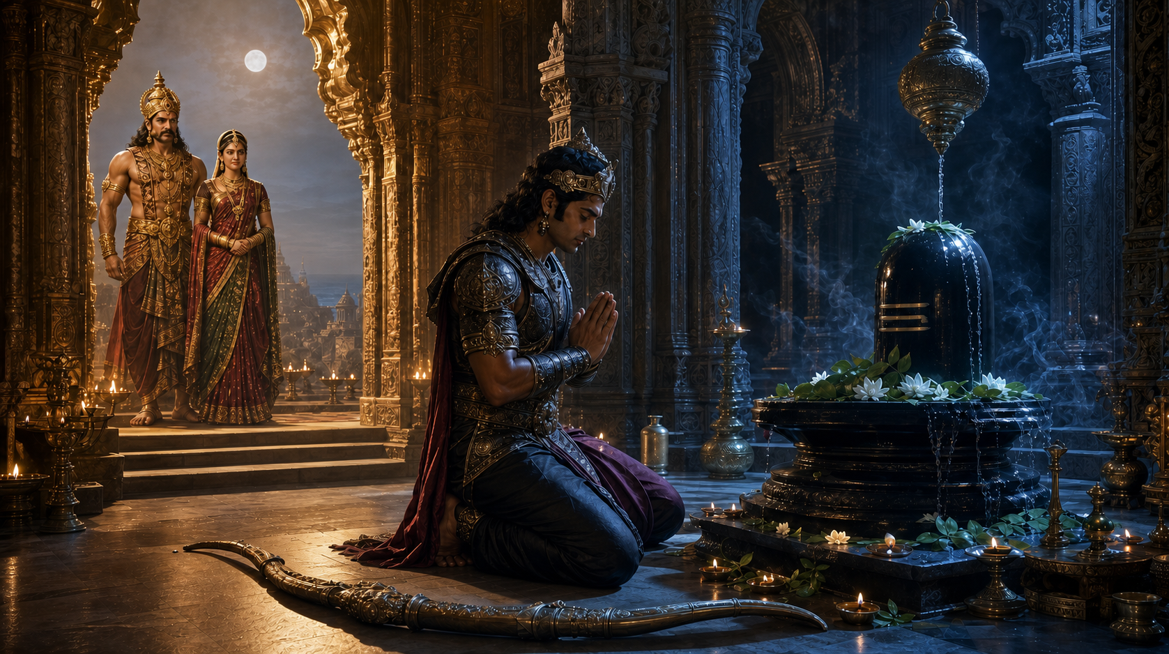 An armored Indrajit kneels before a flower-adorned Shiva linga in a lamp-lit temple, while Ravana and Mandodari stand within a distant palace arch.