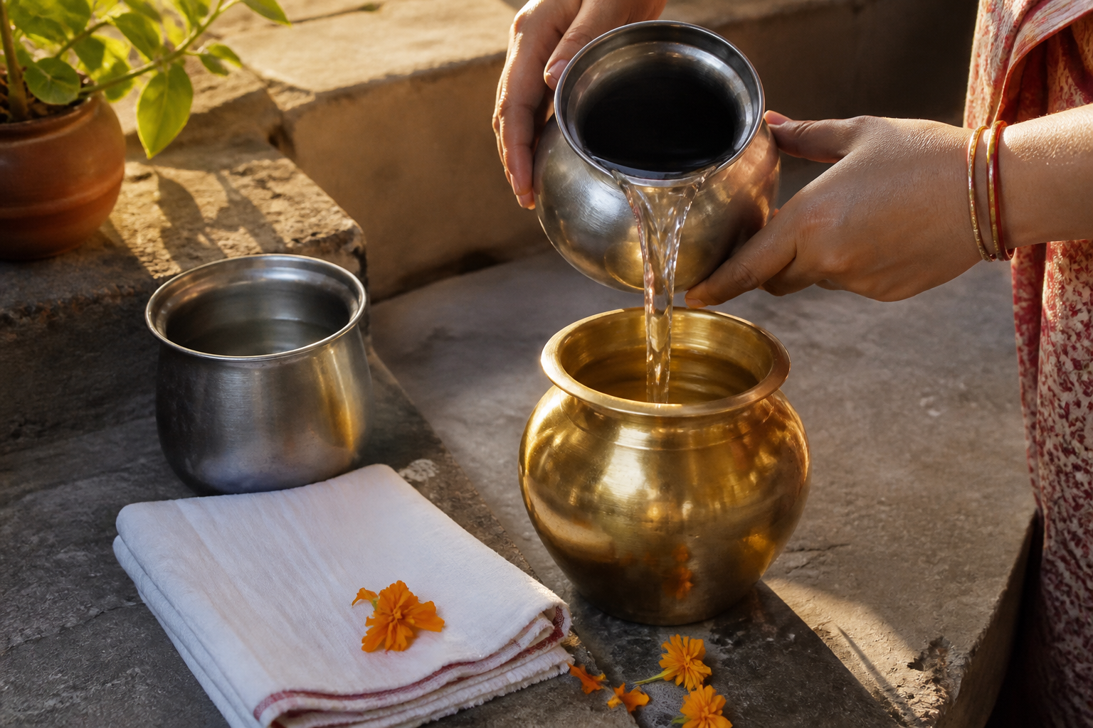 Adult hands pour clean water into a brass vessel on a dry stone counter in the late-afternoon sunlight.