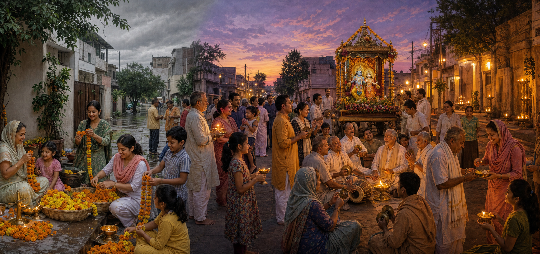 A continuous illustrated street scene shows repeated preparations, kirtan, procession worship, and prasad sharing over a period of time.