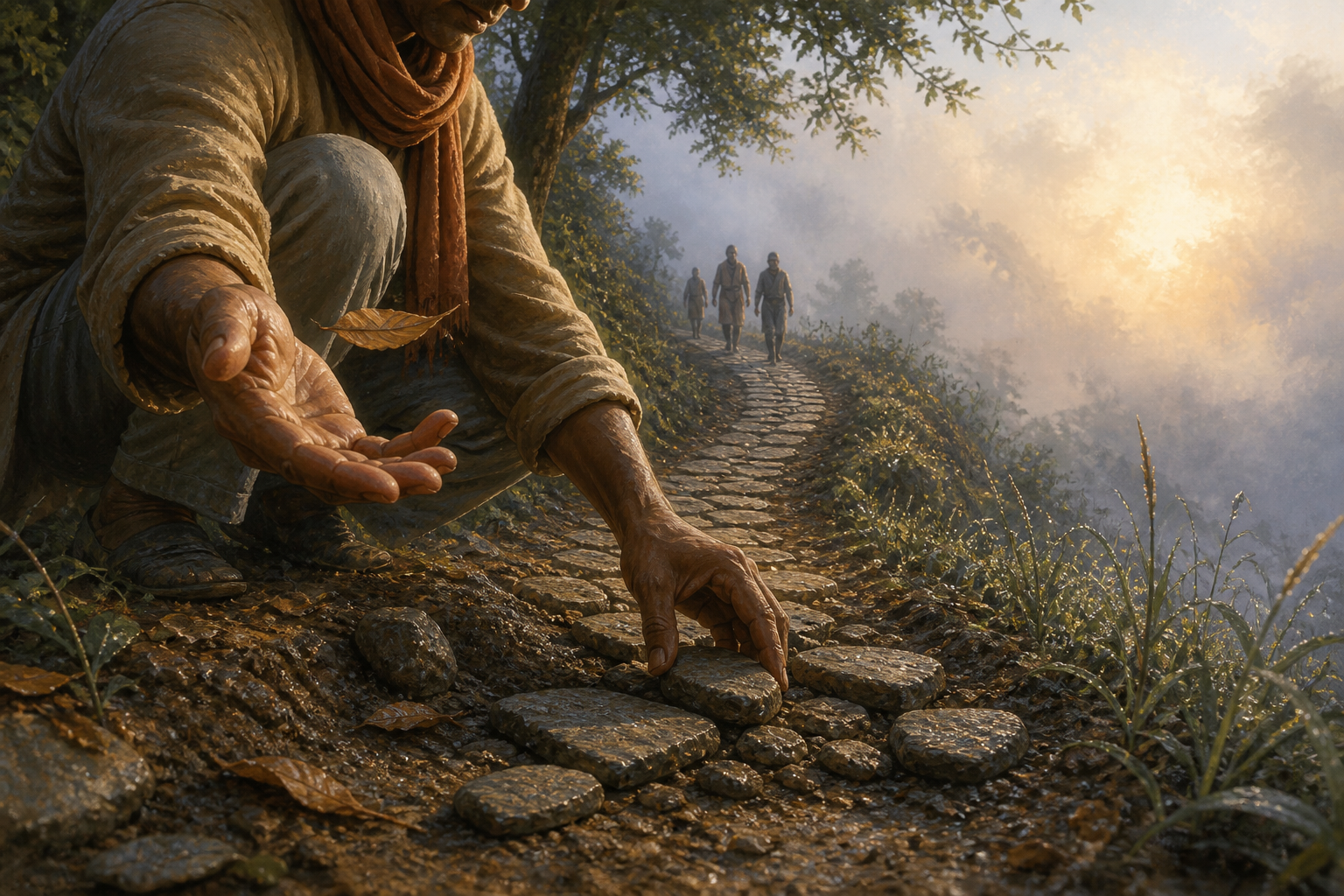 A person releases a dry leaf while placing a loose stone into a damaged hillside path, with other walkers approaching through the morning mist.