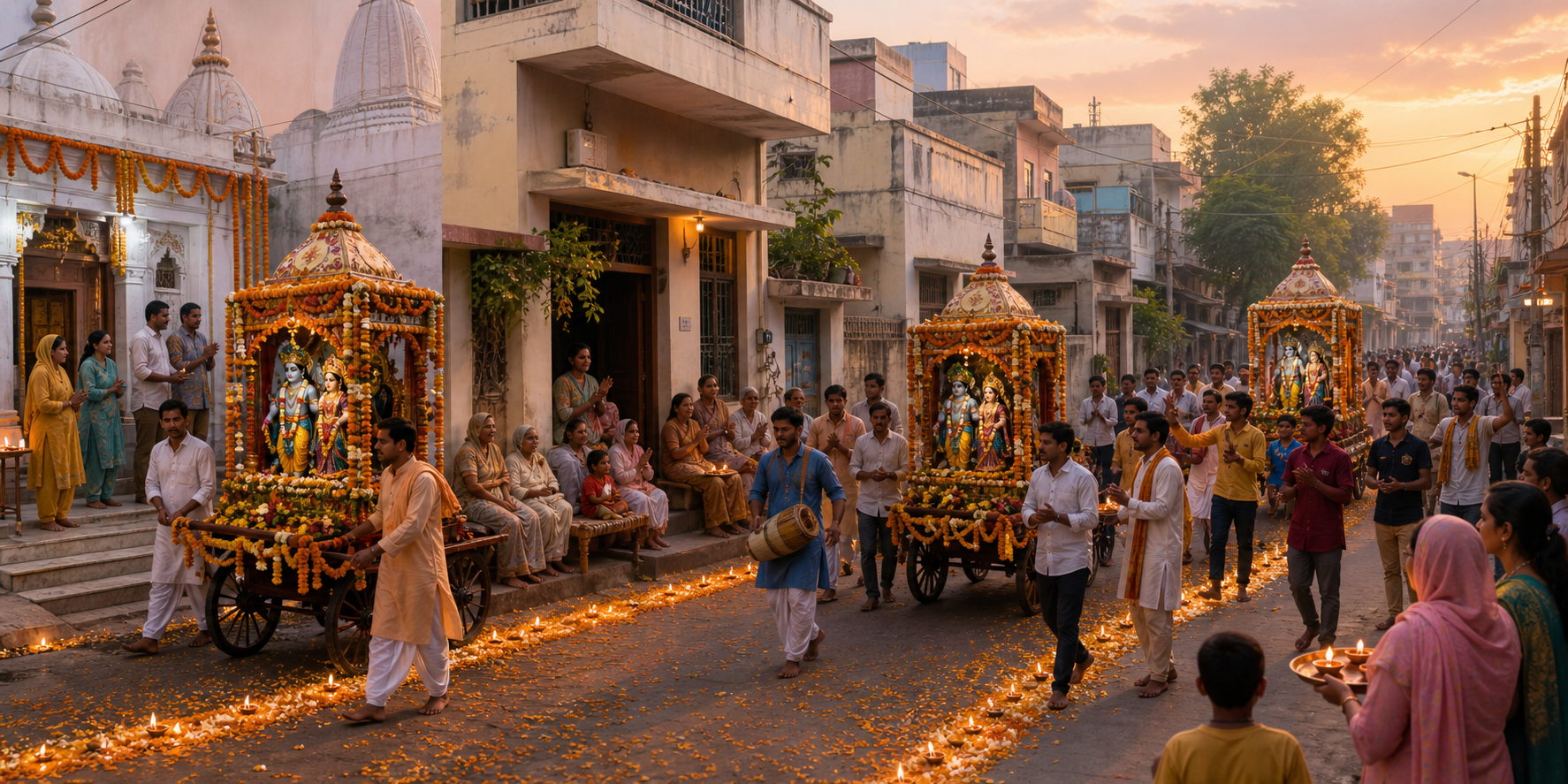 An illustration connects three Karnal neighborhood settings where residents gather around a Krishna-Balaram devotional procession.