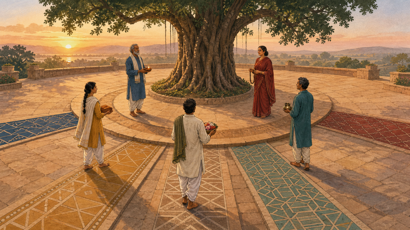Five adults carrying different objects of practice meet on a circular stone terrace beneath a banyan tree, reached by separate patterned paths.