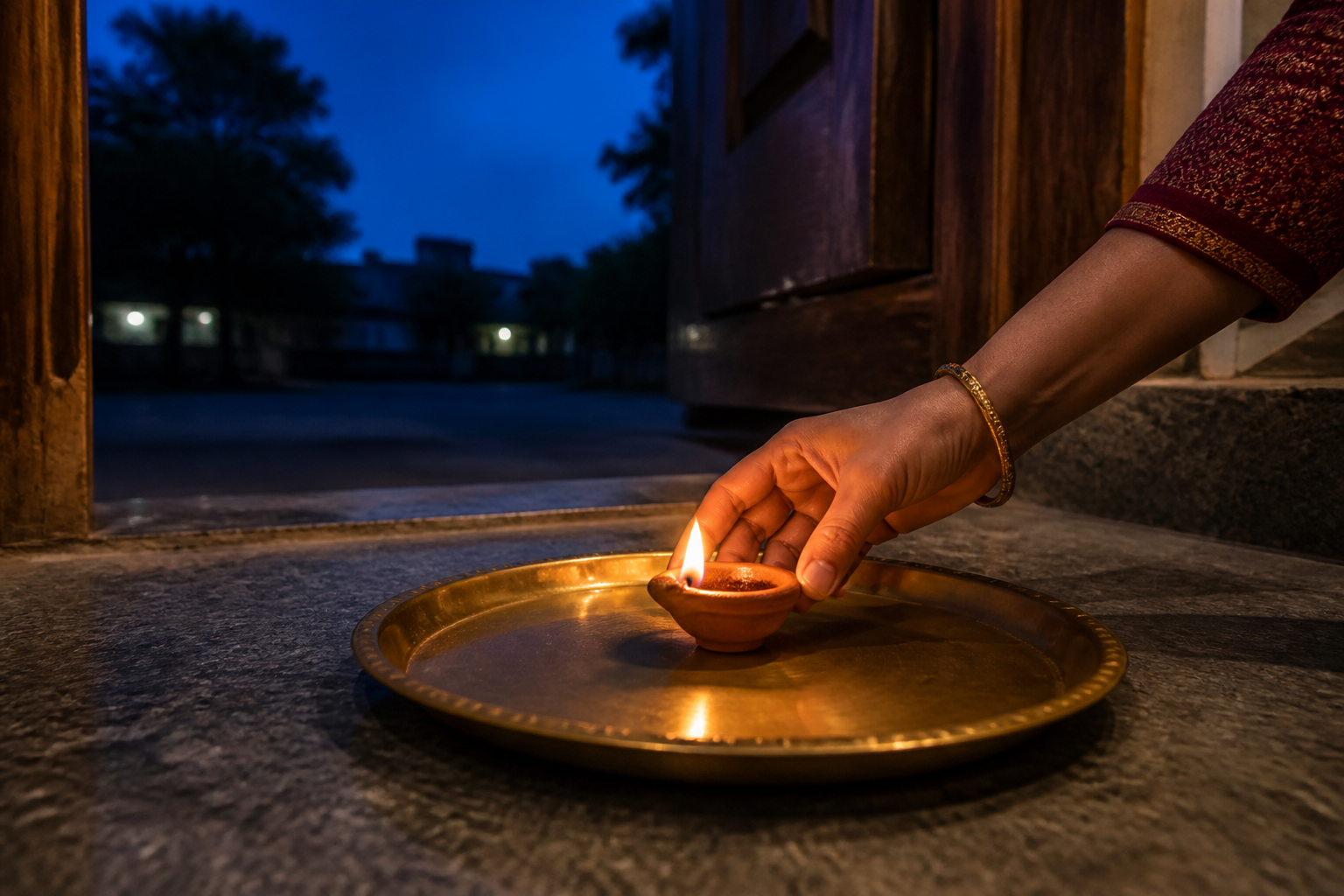 An adult places a single lit clay oil lamp on a wide brass tray outside a stone doorway after sunset.