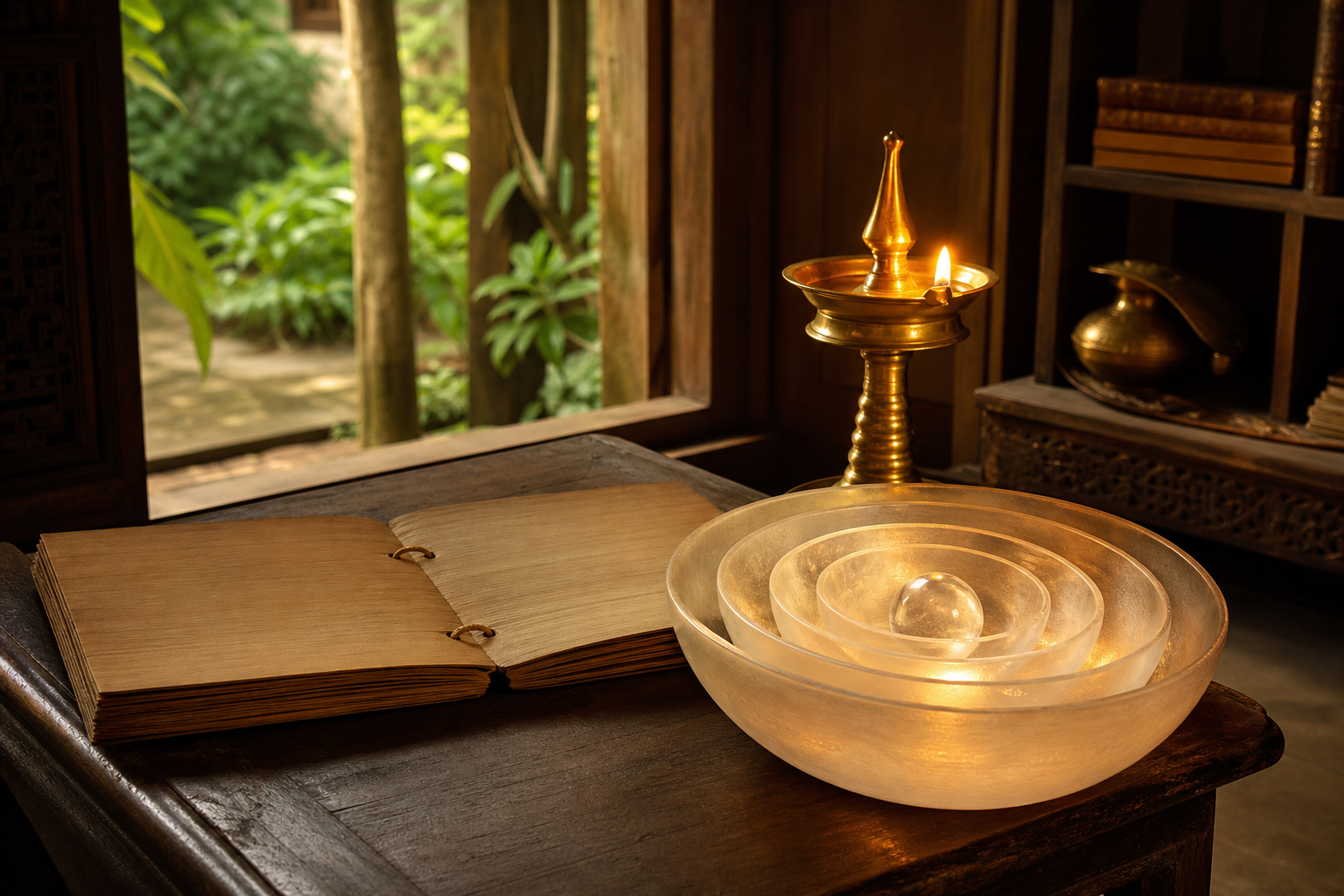 An unmarked palm-leaf manuscript, oil lamp, clear crystal, and nested translucent bowls rest on a wooden desk in a quiet study room.