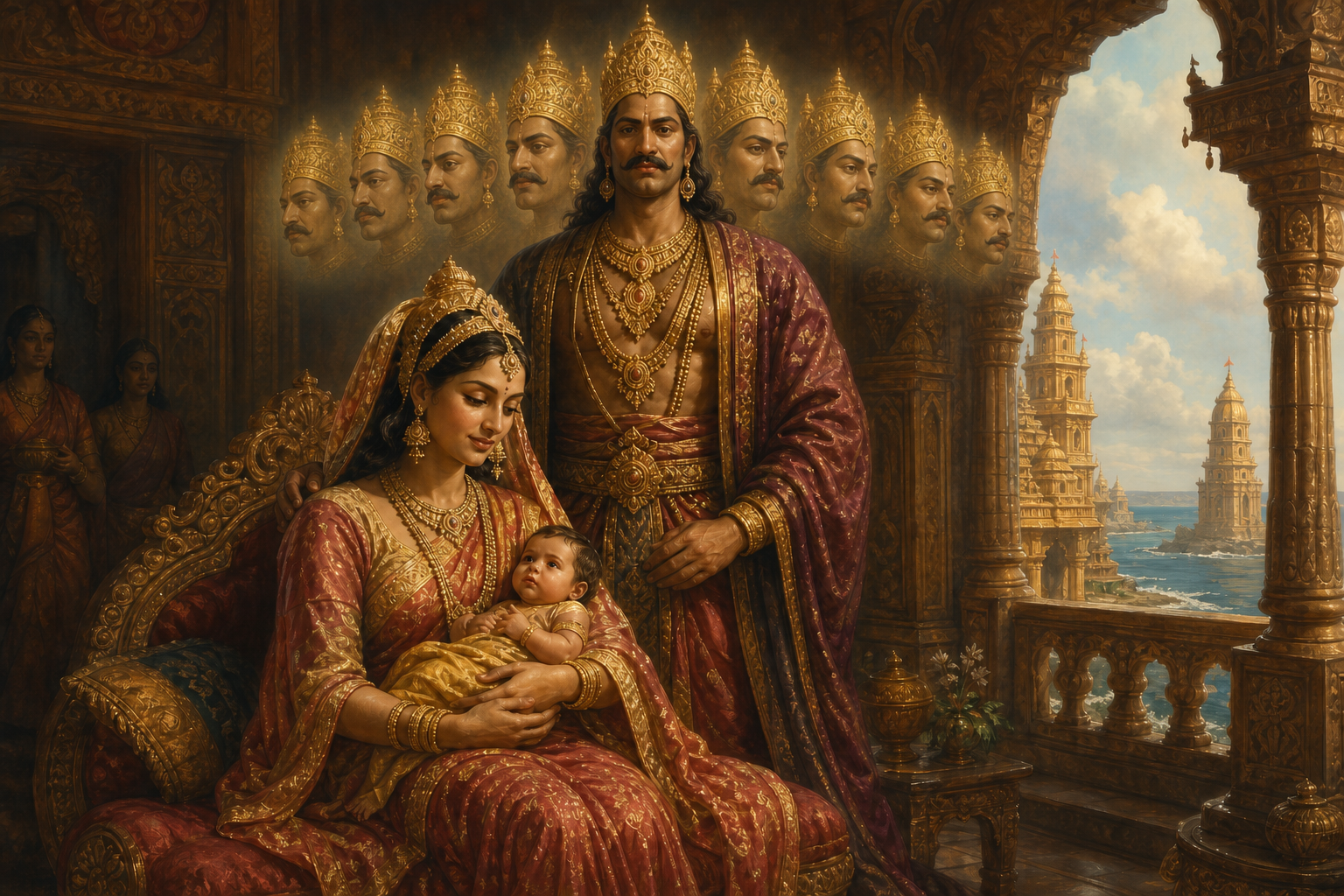 Mandodari holds the infant Meghnad in a golden palace as the crowned Ravana stands beside them with nine additional faces depicted as a luminous epic aura.