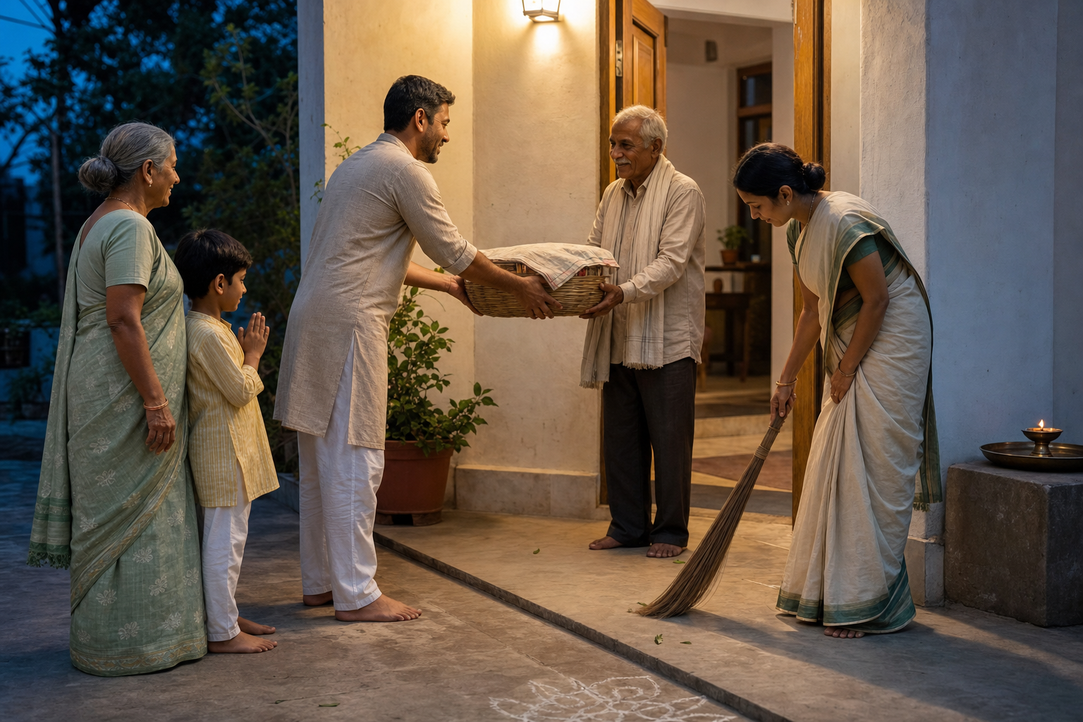 A family cleans the threshold and offers a basket of food and household provisions to an older visitor while a diya glows safely in the background.