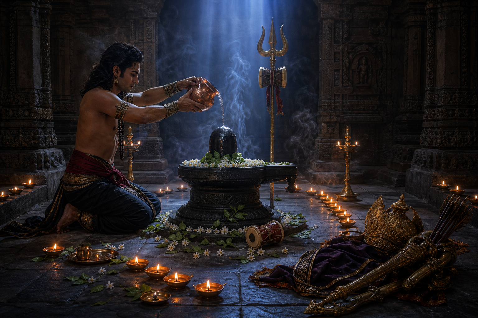 Indrajit pours water over a Shiva linga in a predawn stone sanctuary, with bilva leaves, oil lamps, a drum, and a trident around the shrine.