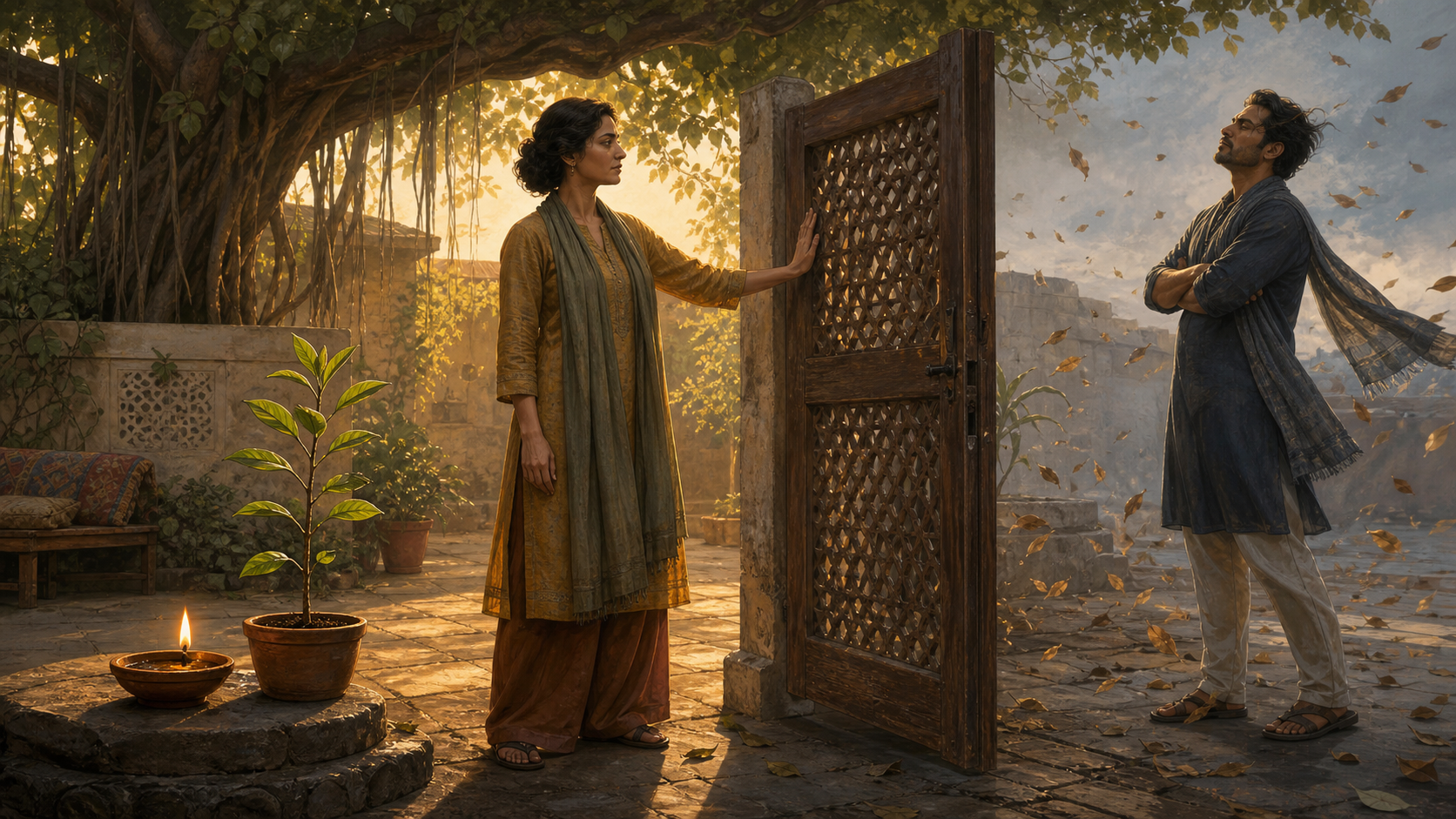 A calm adult partly closes a courtyard gate between themselves and a dismissive person while an oil lamp and green sapling remain sheltered nearby.