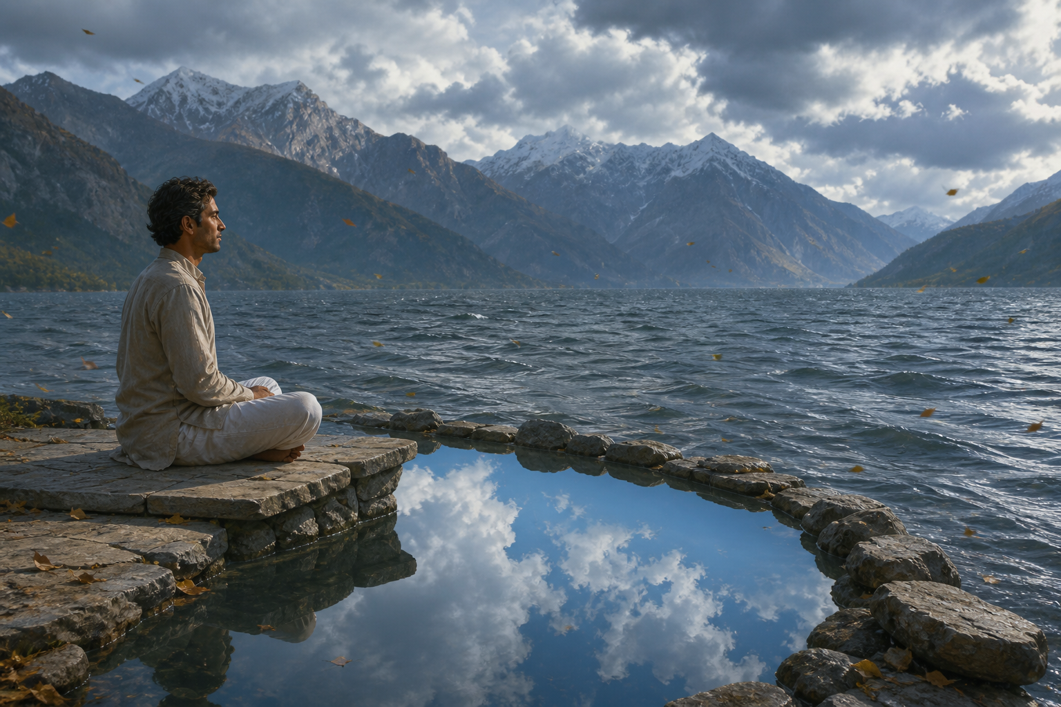 A contemplative person sits beside a mountain lake as ripples and drifting leaves disturb the water beyond a clear sheltered inlet.