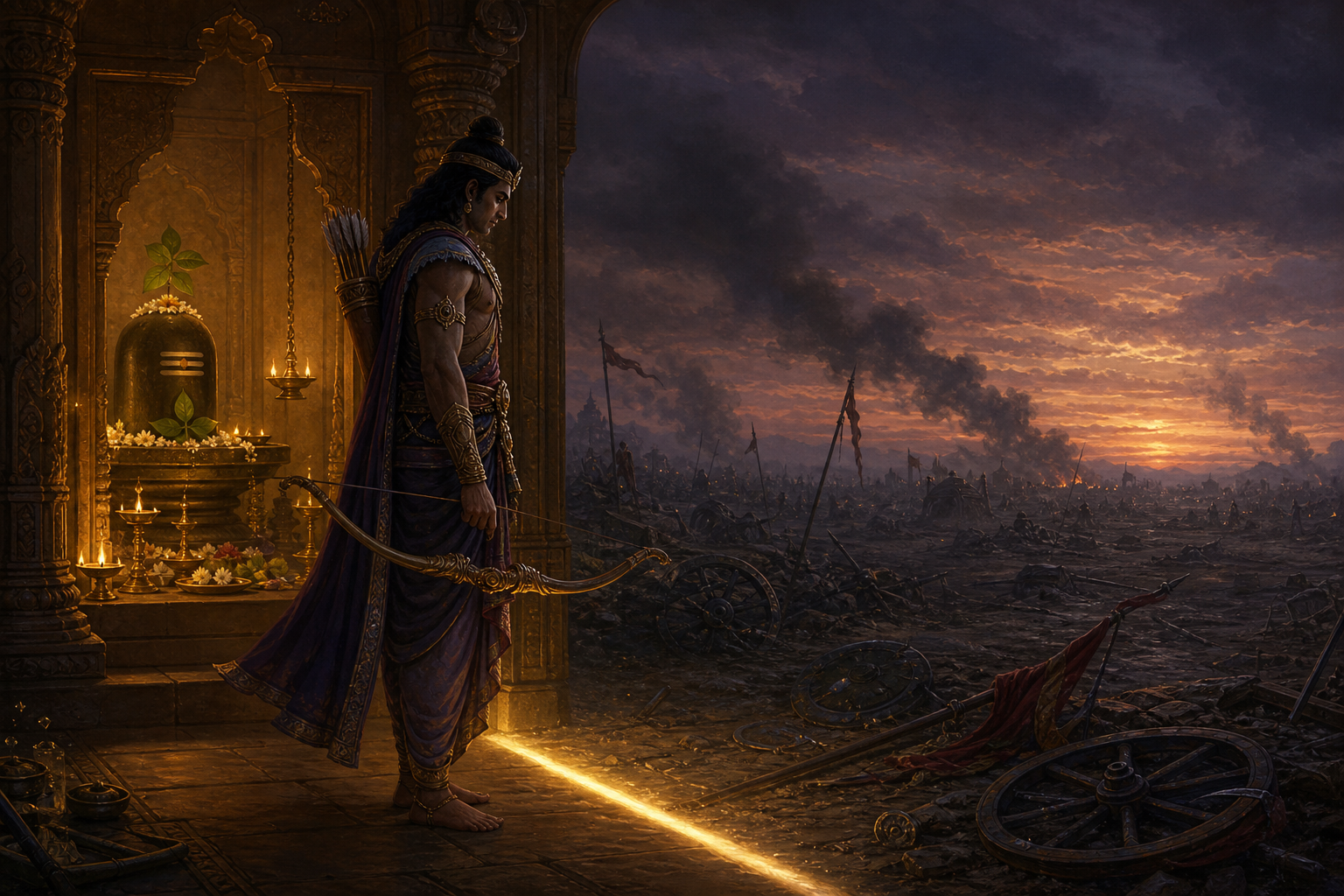 Indrajit stands with a lowered bow between a glowing Shiva shrine and a smoke-veiled battlefield scattered with broken chariot wheels and shields.