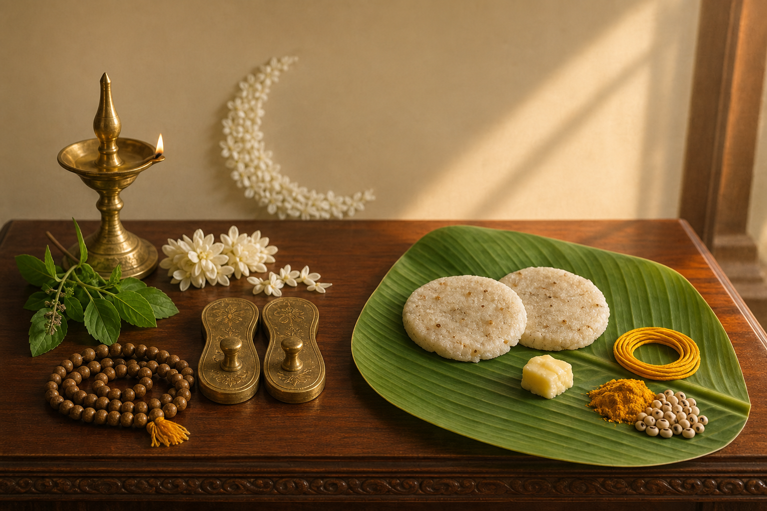 A brass lamp, flowers, prayer beads, guru padukas, rice-flour adai, butter, turmeric, and a sacred thread arranged for two Hindu observances.