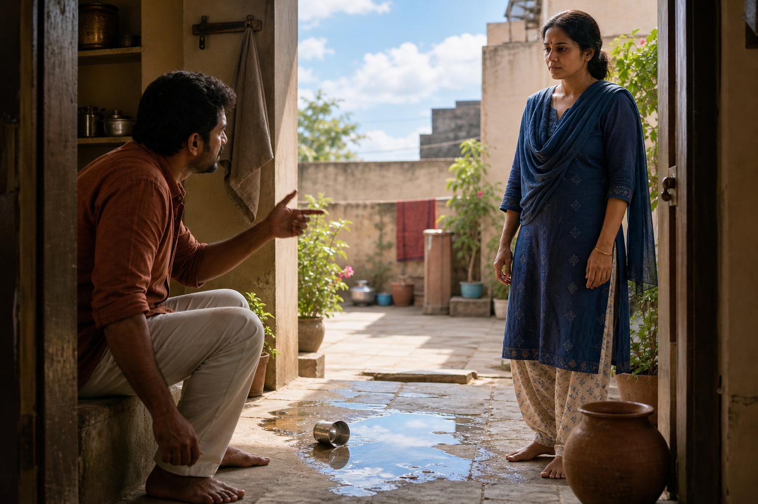 Two adults face each other during a tense courtyard conversation while one pauses calmly beside a spilled cup of water.