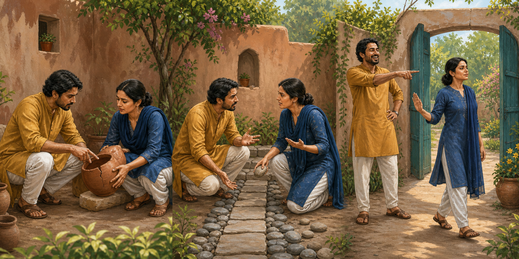 Three courtyard scenes show respectful feedback about a cracked vessel, a controlled disagreement over a garden path, and a person stepping away from someone who is laughing at them.