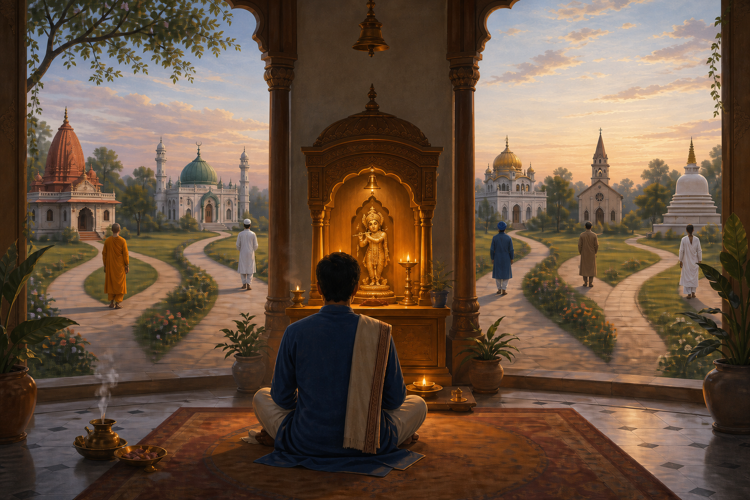 A devotee prays before one illuminated household shrine while several distinct paths lead through an open courtyard to other places of worship.