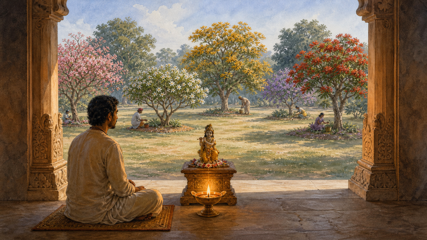 A devotee sits beside an oil lamp and a small altar in an open doorway overlooking a garden of different flowering trees.