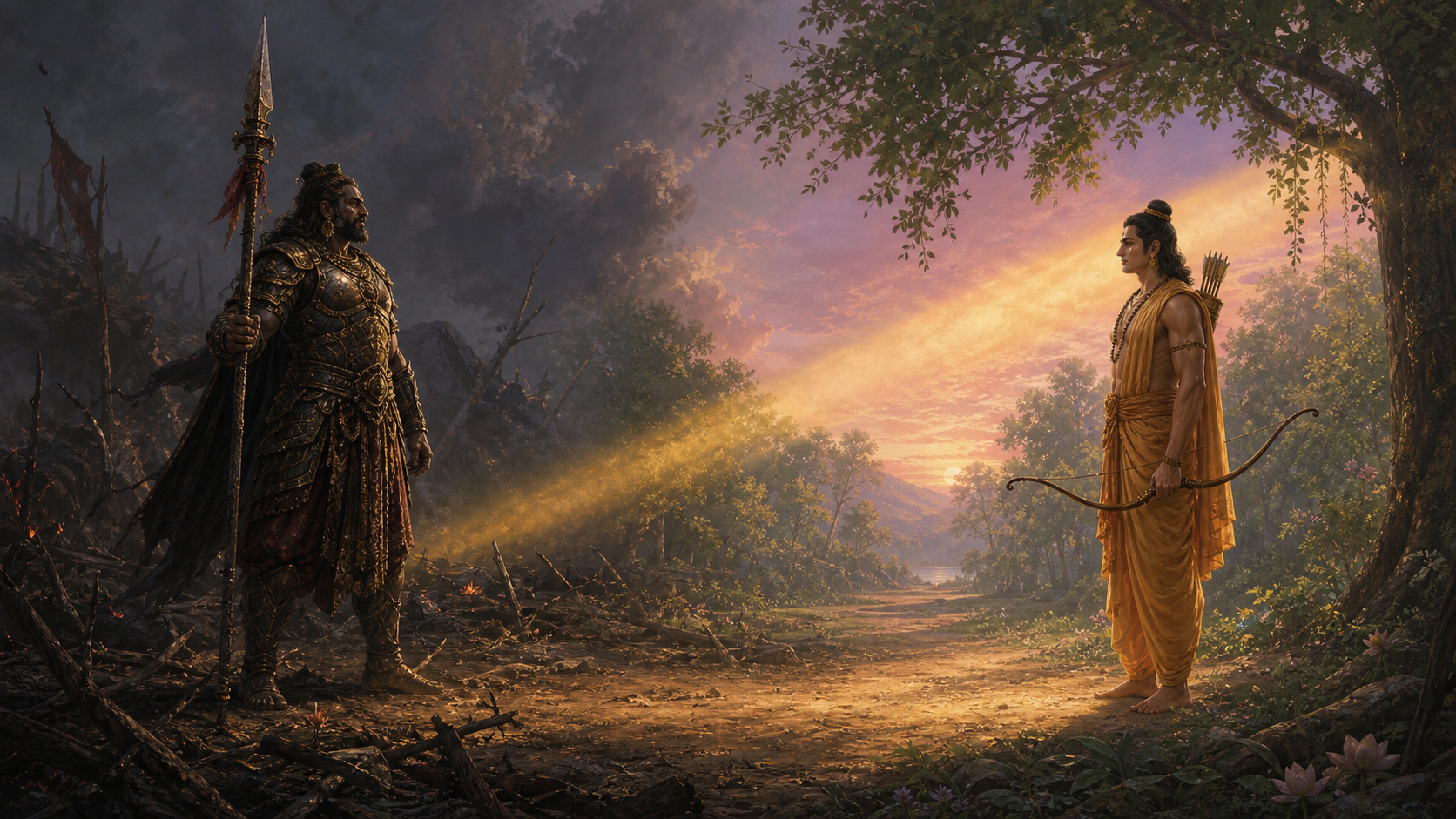 Mahakapala, holding a large spear, faces bow-bearing Rama in a golden forest clearing at dawn.