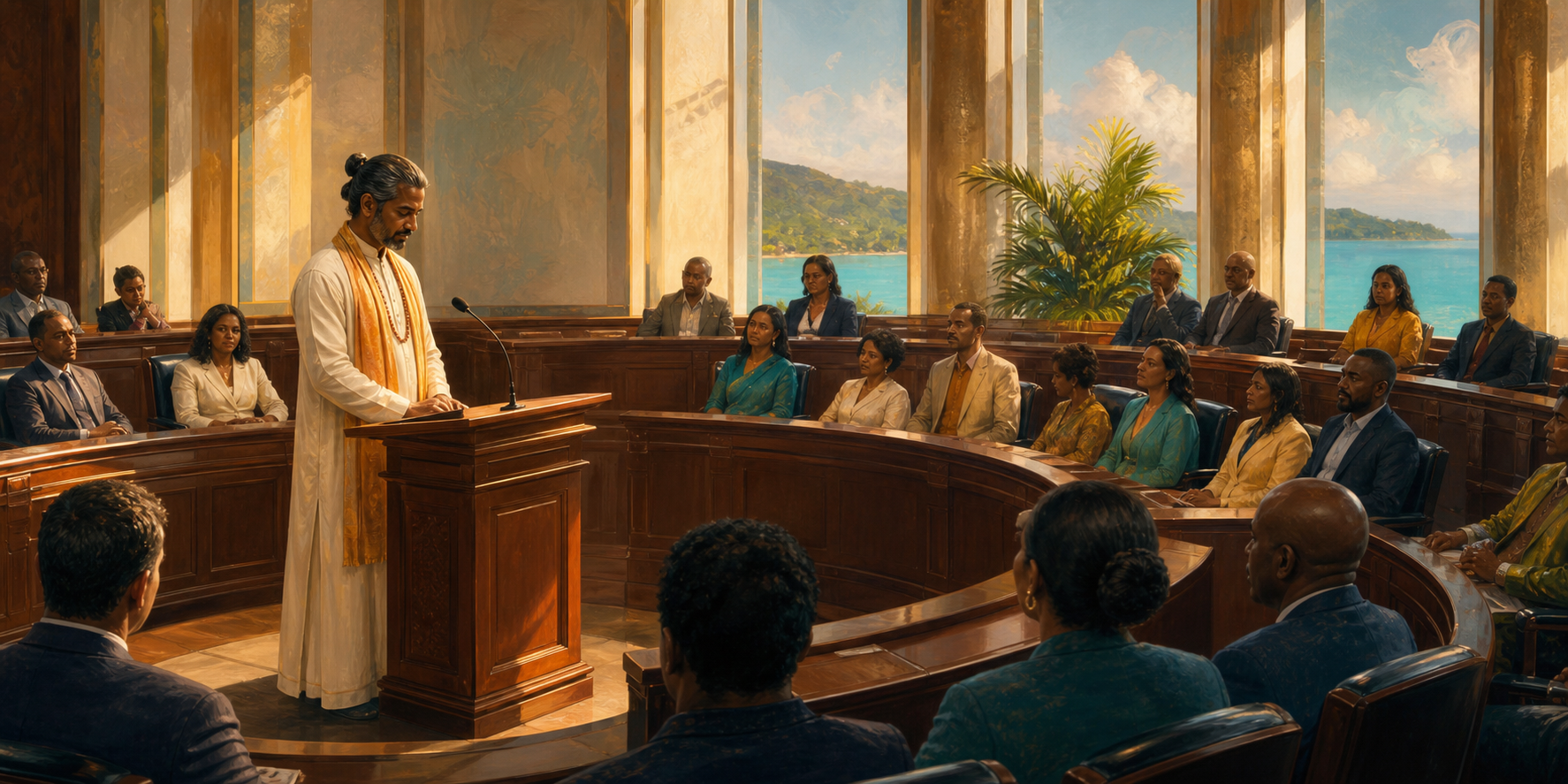 Conceptual illustration of a Hindu spiritual practitioner delivering an invocation at a lectern before seated lawmakers in a Caribbean legislative chamber.