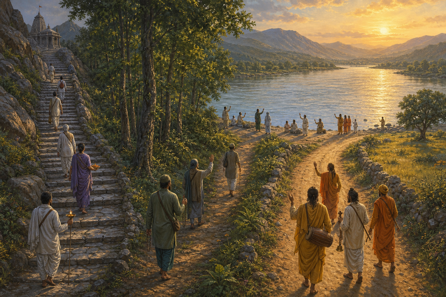 Three groups of pilgrims follow separate paths toward a broad riverbank and greet one another respectfully without leaving their routes.