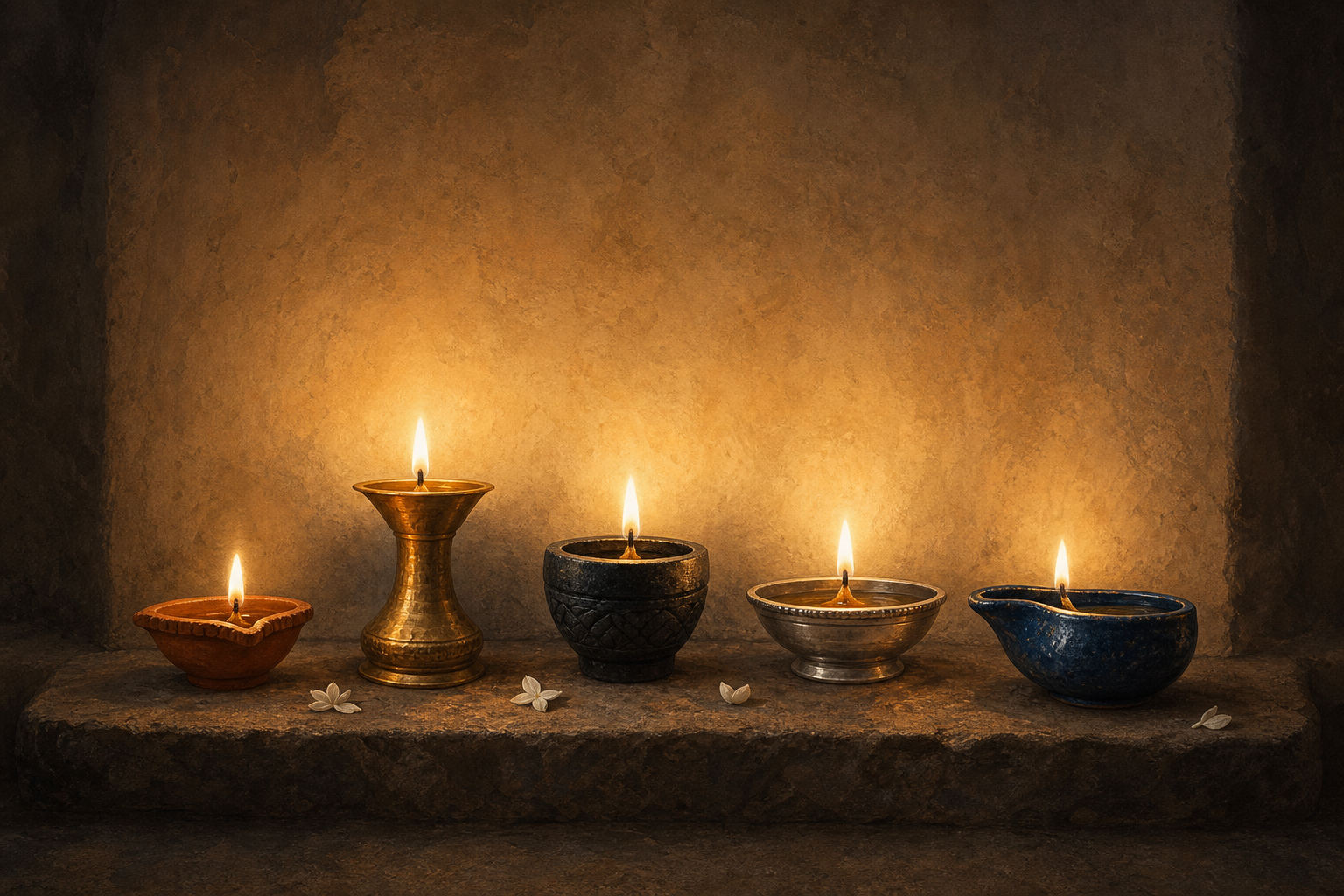 Five oil lamps made from different materials sit separately on a stone platform while their pools of light overlap on the wall.